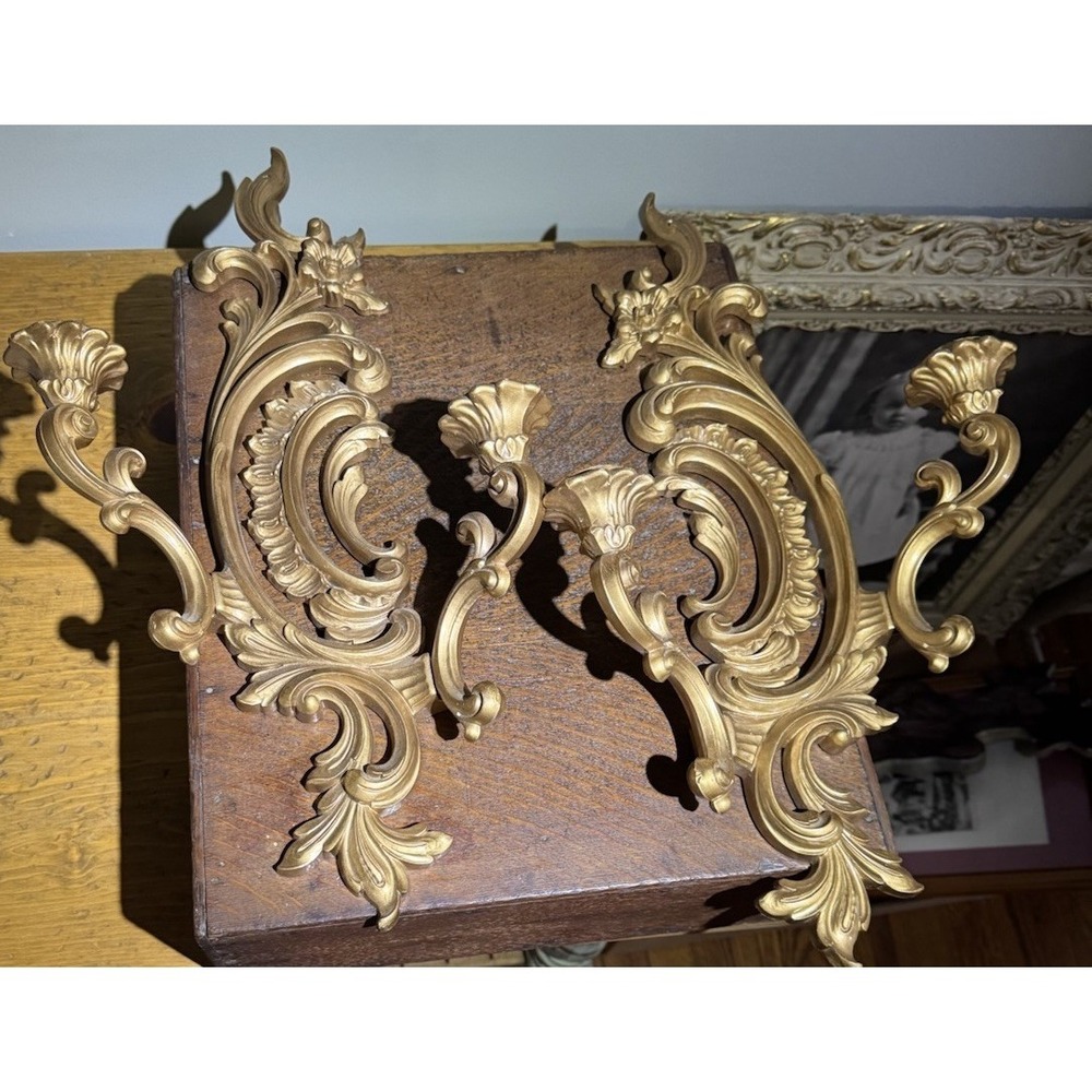 Vtg  1960 Syroco Hollywood Regency Gold Wall Sconces Double Candle Holders Pair